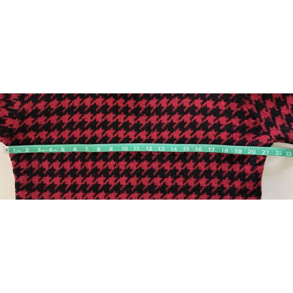Women’s 100% Wool Red Black Houndstooth Zip Cardigan Classic Preppy Fall Size Lg